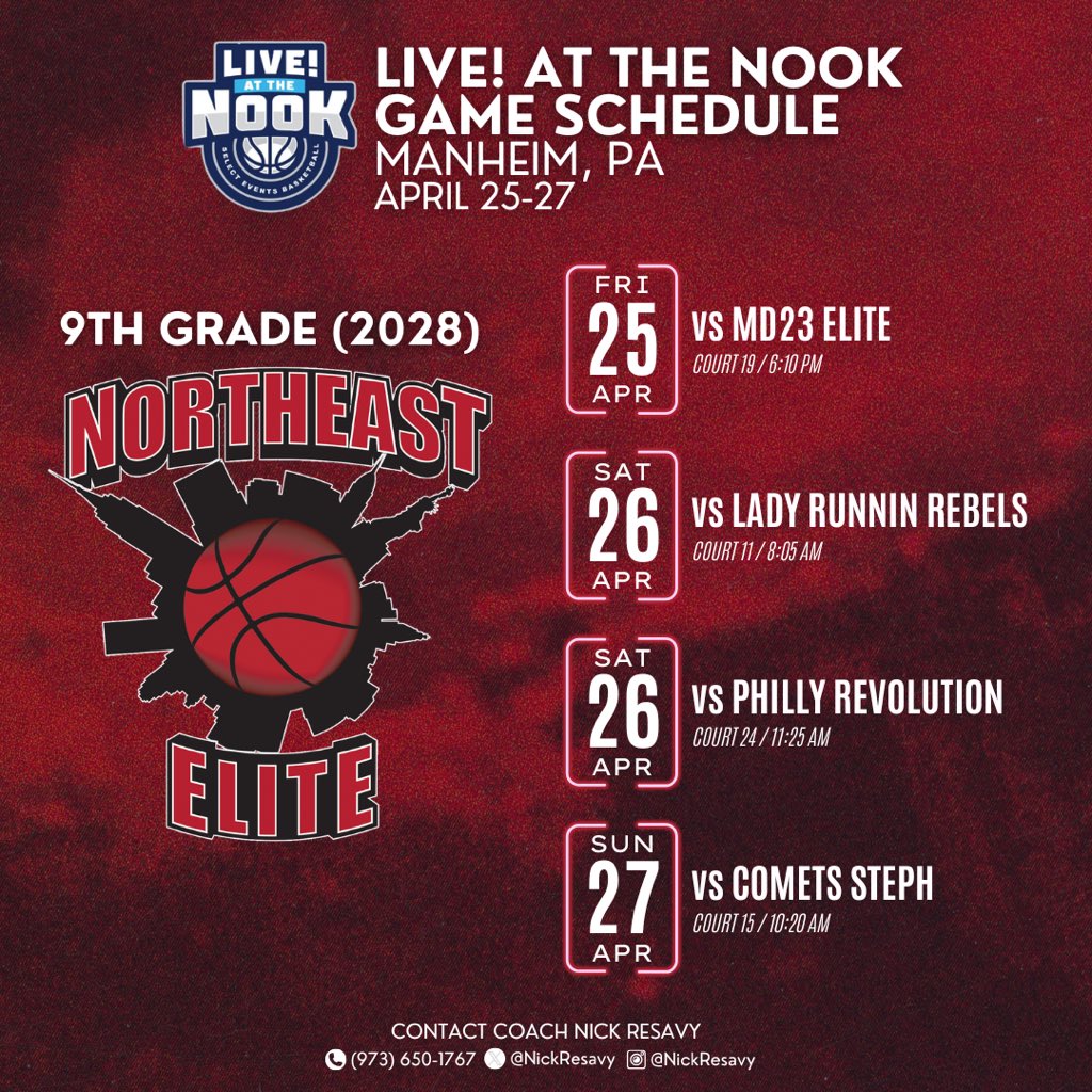 Here’s my schedule for next weekend!! Come checkout my team!! 

<a href="/NickResavy/">Nick Resavy</a> <a href="/NEastElite/">Northeast Elite</a> <a href="/YMA_GirlsHoops/">CoachElie</a>