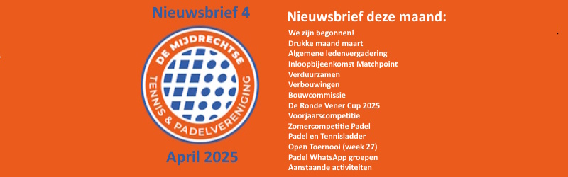 Nieuwsbrief 4 - april 2025 - De Mijdrechtse Tennis &amp; Padelvereniging - mailchi.mp/d9326ac17a56/n…
Laatste nieuws van onze vereniging
