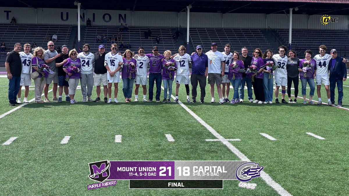 Mount Union Purple Raiders (@purpleraiders) on Twitter photo SENIOR DAY VICTORY! <a href="/MountUnionLax/">MountUnionLax</a> takes down Capital 21-18 grabbing a senior day victory and a top 5-seed in the OAC tournament with a game to go! #GoMountGo SENIOR DAY VICTORY! <a href="/MountUnionLax/">MountUnionLax</a> takes down Capital 21-18 grabbing a senior day victory and a top 5-seed in the OAC tournament with a game to go! #GoMountGo