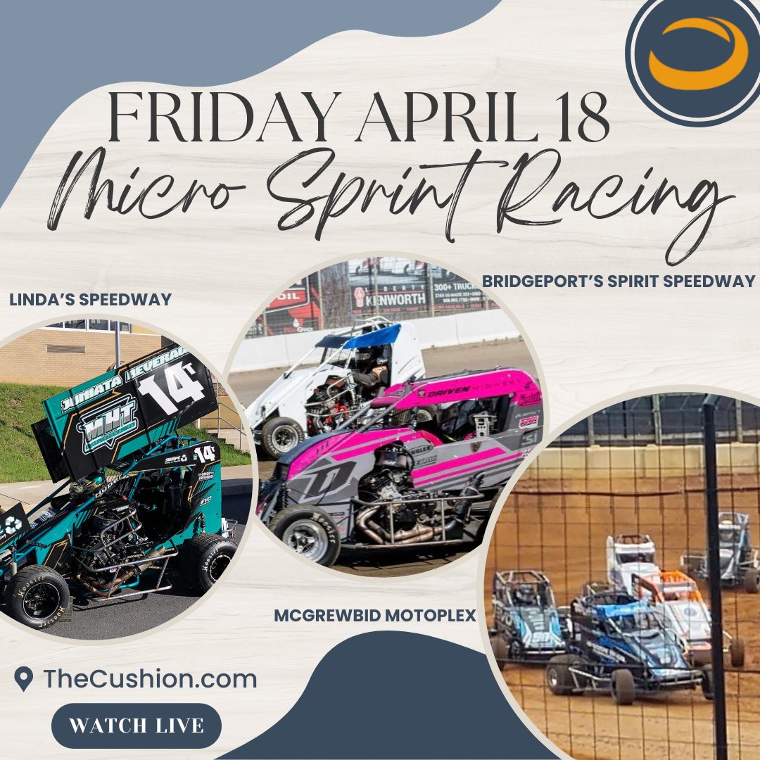 The Cushion (@watchthecushion) on Twitter photo Micros, Micros, Micros…
<a href="/Lindas_Speedway/">Linda's Speedway</a>
<a href="/bridgeportspeed/">Bridgeport Motorsports Park</a> Spirit Speedway
<a href="/mcgrewbidmoto/">McGrewBid Moto</a>
All in action tonight and All Live on TheCushion.com
Catch every lap from all 3 tracks this evening starting at 7pm eastern. Micros, Micros, Micros…
<a href="/Lindas_Speedway/">Linda's Speedway</a>
<a href="/bridgeportspeed/">Bridgeport Motorsports Park</a> Spirit Speedway
<a href="/mcgrewbidmoto/">McGrewBid Moto</a>
All in action tonight and All Live on TheCushion.com
Catch every lap from all 3 tracks this evening starting at 7pm eastern.
