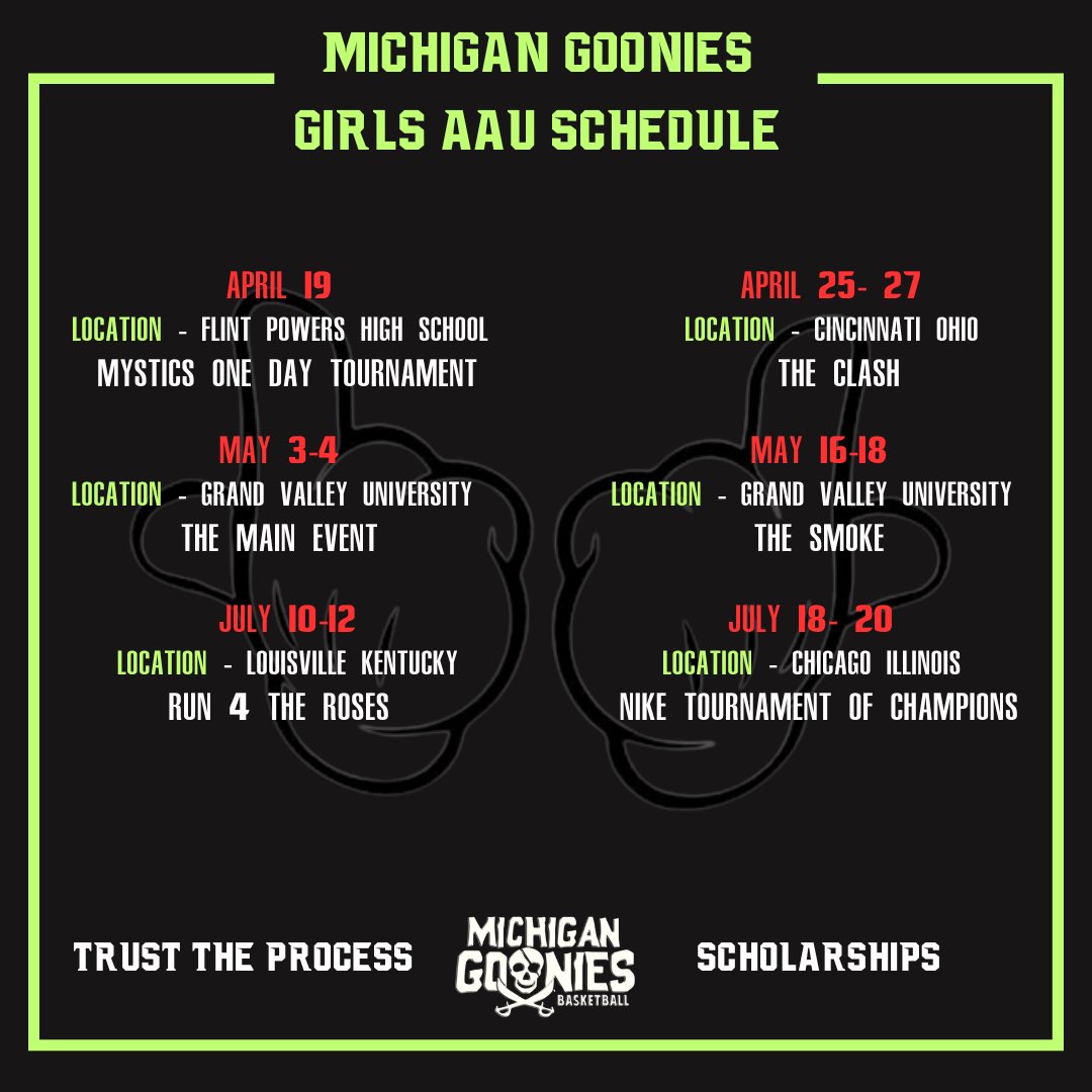 Michigan Goonies AAU (@michigangoonies) on Twitter photo 🚨 Schedule Alert 🚨 College coaches we look forward to seeing you on the baselines this spring and summer. 🤘🏴☠️ #GoonieNation <a href="/coach_lumbo/">Coach Lumbo</a> <a href="/BK2THEFULLEST/">Brandon Karas</a> <a href="/MichHSBball/">Mich HS Bball</a> 🚨 Schedule Alert 🚨 College coaches we look forward to seeing you on the baselines this spring and summer. 🤘🏴☠️ #GoonieNation <a href="/coach_lumbo/">Coach Lumbo</a> <a href="/BK2THEFULLEST/">Brandon Karas</a> <a href="/MichHSBball/">Mich HS Bball</a>