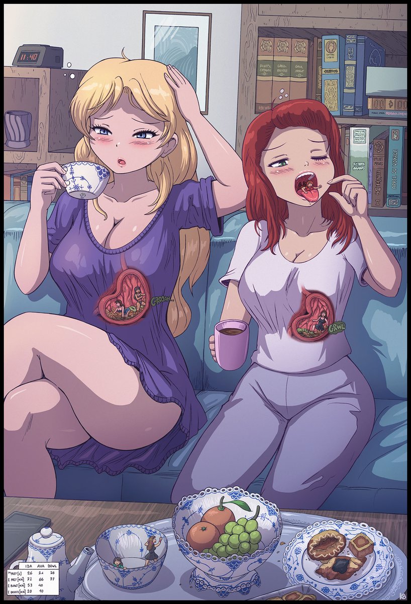 Ida with Ava sittin on a couch. They both clubbed until late last night and they are now rather hungover in the morning. But both seem to think eating a hearty morning snack along with some tinies to go with it is a good way to feel better ! #vore