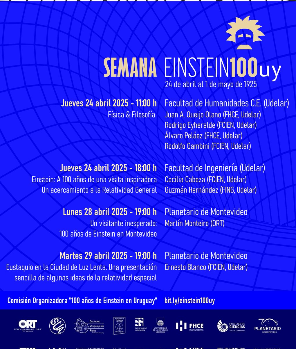 Albert Einstein visitó Uruguay durante una semana en abril de 1925. 100 años después, coincidiendo con esa semana, comenzamos las actividades conmemorativas con cuatro eventos #Einstein100uy 
Detalles acá bit.ly/einstein100uy