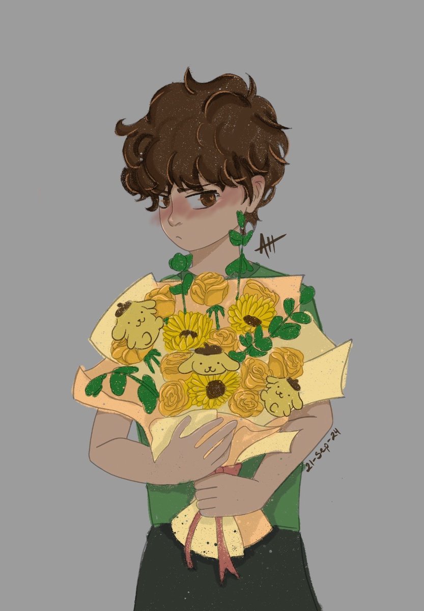ahiru_catt's tweet photo. "Creí escucharte decir mi nombre. Aquella persona que no me amo y que en mi lugar su amor fue dedicado a la música".

Un Angel entregando flores 🌻

#floresamarillas #OC #BL https://t.co/D1datNDqM5