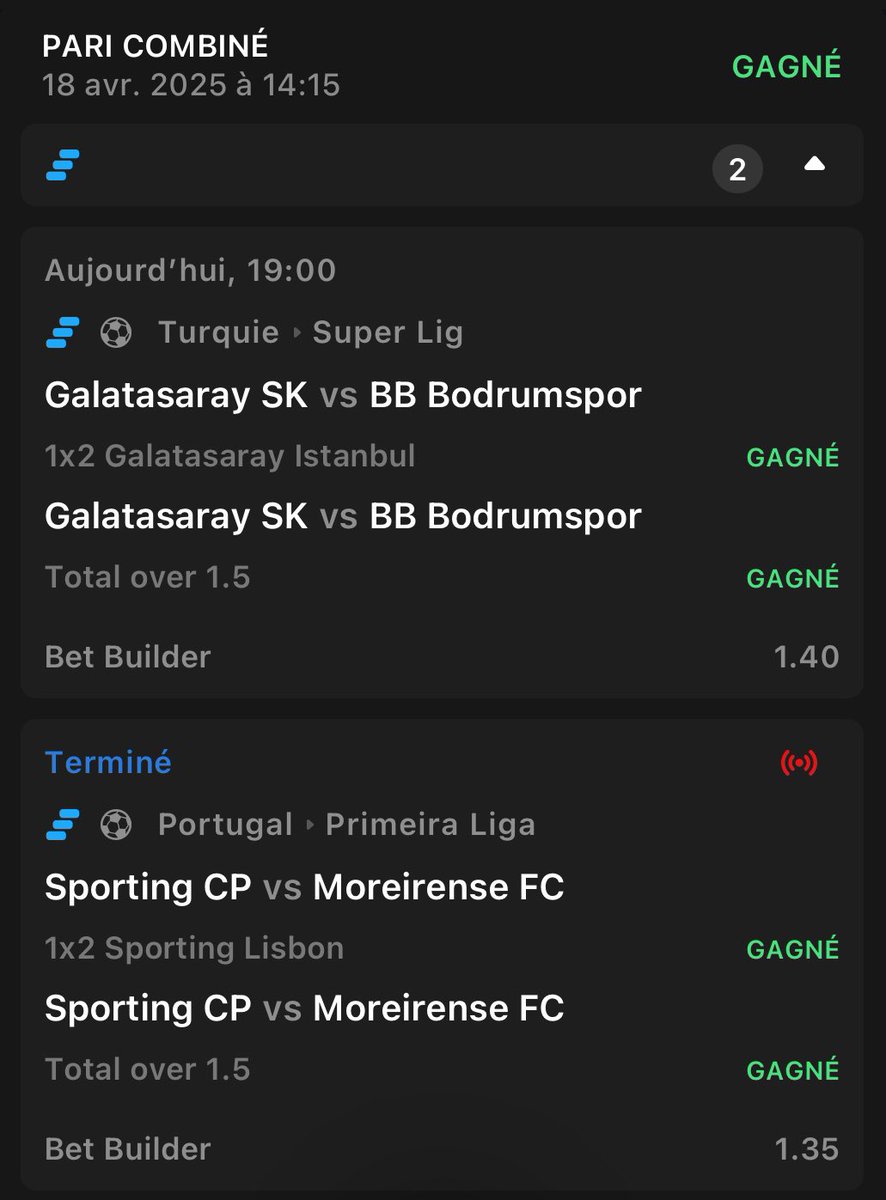 LeGauloisBets's tweet photo. 🟩 COMBI SAFE FOOT VALIDÉ (18/04)
1️⃣ Galatasaray gagne + +1.5 buts
2️⃣ Sporting gagne + +1.5 buts
💰 Cote : 1.90 | Mise : 10€ → 19€
Travail propre avec deux équipes solides à domicile !
🔁 RT + ✅ Follow pour les prochains
#LaCoteGauloise #PronosFoot https://t.co/PE9ooDaOCH