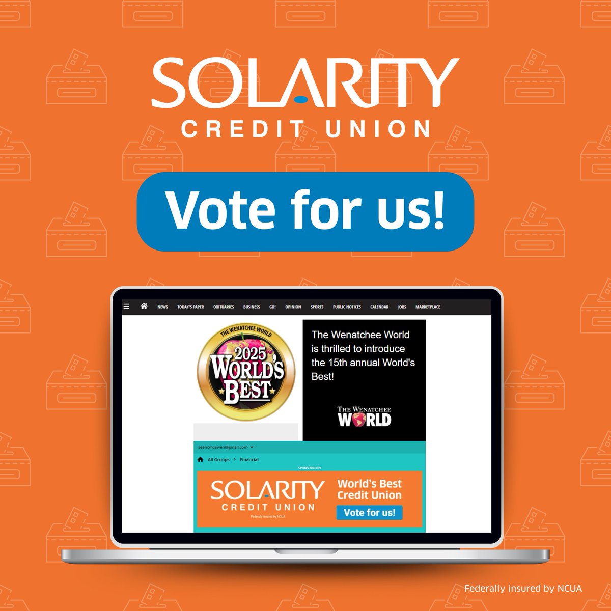 We’re excited to be in the running for the 2025 World’s Best Credit Union in the Wenatchee World’s annual awards! 🏆 
You can vote once a day now through April 26 at 11:59 p.m.  ☑️Vote here: tinyurl.com/4ku9u7h9
