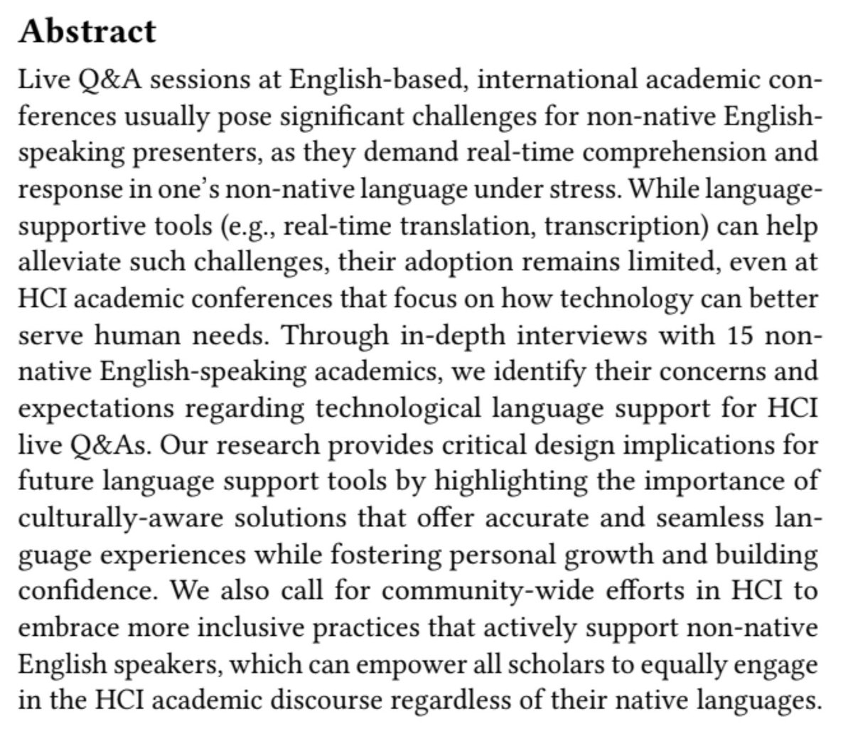 Lingyuan Li (@vermouth_bliss) on Twitter photo Check our #CHI2025 paper on NNES struggles in live Q&A at HCI conferences—why language support tools aren’t used & what more inclusive tools could look like.(pre-print: drive.google.com/file/d/14Vo2V8…)
With <a href="/GeTiffanyWang/">Ge “Tiffany” Wang</a> <a href="/guo_freeman/">Guo Freeman</a>
📍 Apr 28, 11:10 AM, Annex Hall F203 in Yokohama Check our #CHI2025 paper on NNES struggles in live Q&A at HCI conferences—why language support tools aren’t used & what more inclusive tools could look like.(pre-print: drive.google.com/file/d/14Vo2V8…)
With <a href="/GeTiffanyWang/">Ge “Tiffany” Wang</a> <a href="/guo_freeman/">Guo Freeman</a>
📍 Apr 28, 11:10 AM, Annex Hall F203 in Yokohama