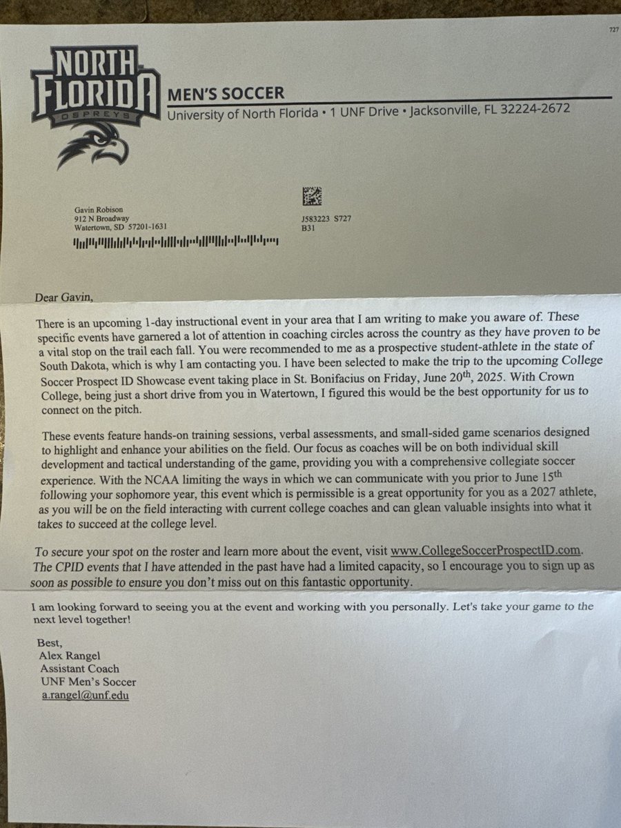 Thank you for the camp invite Alex Rangel!
<a href="/OspreyMSOC/">UNF Men's Soccer</a>