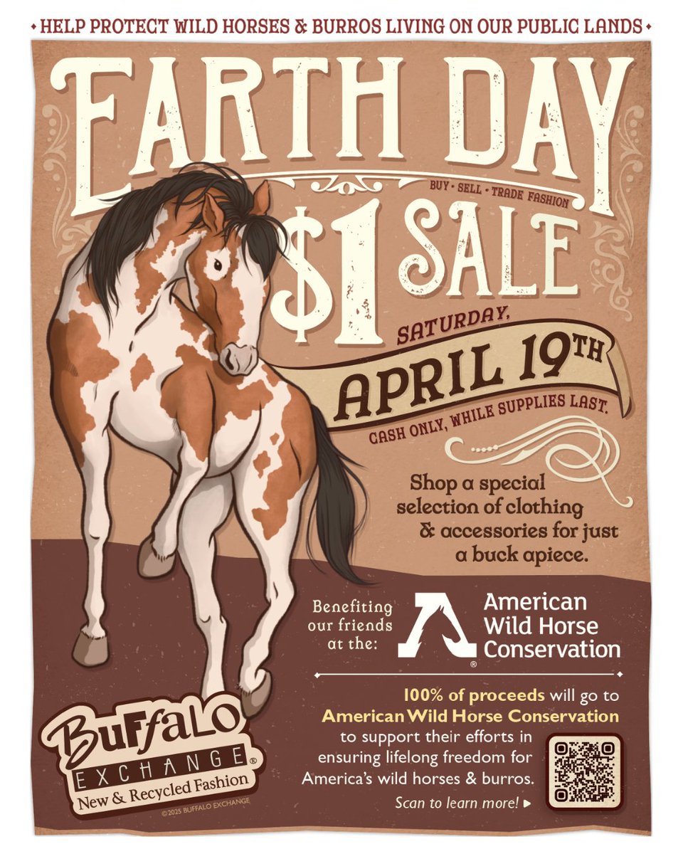 We’re so excited to be the beneficiary of Buffalo Exchange’s 2025 Earth Day $1 Sale TOMORROW, Saturday, April 19! Every store nationwide will feature a selection of $1 clothing—and 100% of those sales go to AWHC to help protect wild horses and burros on our public lands.