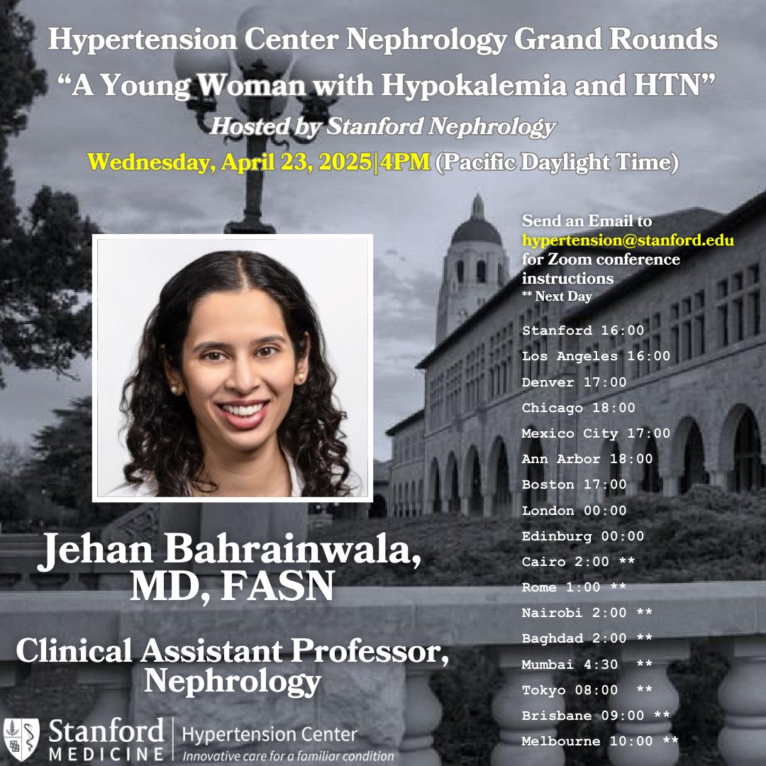 Stanford_HTN_Center (@stanford_htn) on Twitter photo Join us Wednesday, April 23rd 4:00PM - 5:00PM for a #Hypertension conference: “A Young Woman with Hypokalemia and HTN” with Dr. Jehan Bahrainwala!
<a href="/StanfordNeph/">Stanford Nephrology</a>
Please email hypertension@stanford.edu for the zoom link to join Join us Wednesday, April 23rd 4:00PM - 5:00PM for a #Hypertension conference: “A Young Woman with Hypokalemia and HTN” with Dr. Jehan Bahrainwala!
<a href="/StanfordNeph/">Stanford Nephrology</a>
Please email hypertension@stanford.edu for the zoom link to join