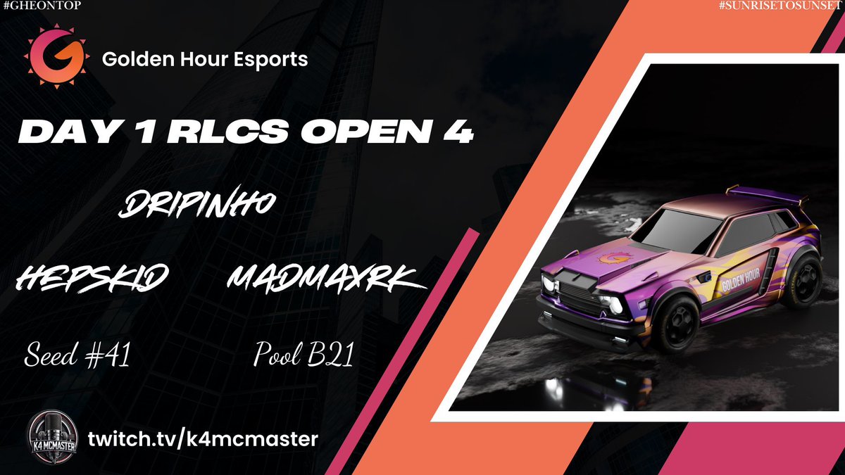 RLCS OPEN QUALS ARE BACK! I'm casting the NEW <a href="/GoldenHourES/">☀️Golden Hour Esports☀️</a> Roster of <a href="/DripinhoRL/">Drip</a>, <a href="/madmaxrkI/">madmaxrk</a>, and <a href="/HepsBEAST/">HepsKid</a>! They are slated as the 41st seed but we're coming for top 32! The stream starts at 7 PM EST tonight at twitch.tv/k4mcmaster!
