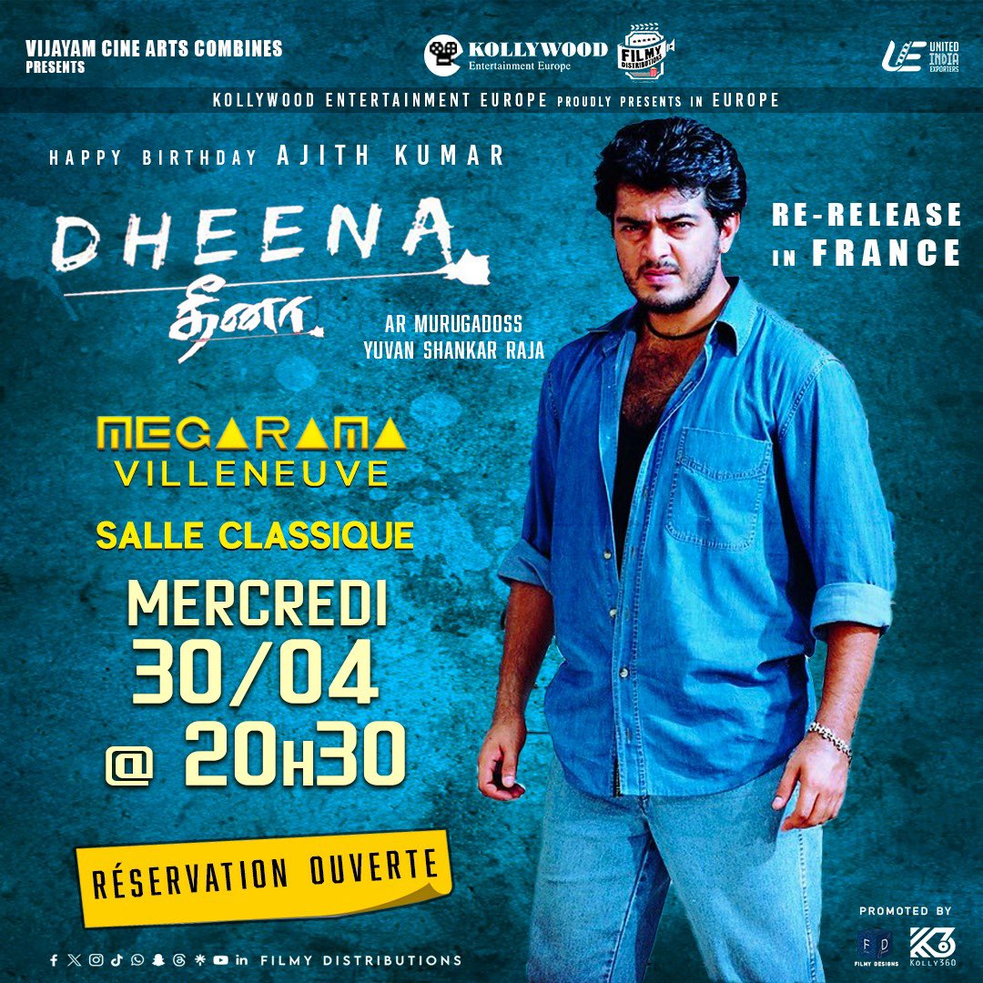 AjithFrance's tweet photo. #Dheena en VOSTA | Billetterie ouverte 🇫🇷
Réservez dès maintenant vos places pour (re)découvrir ce classique du film d’action avec AJITH KUMAR à l’affiche !

https://t.co/ttXJynlTqj

#goodbadugly https://t.co/x3fEy85BFt