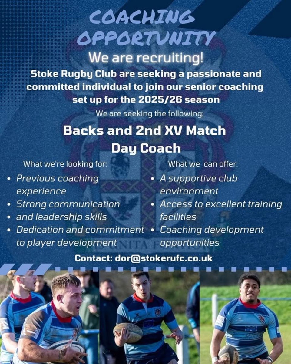Amazing opportunity to join the <a href="/StokeRugby/">Stoke Rugby</a> coaching team, please email dor@stokerufc.co.uk if you’re interested