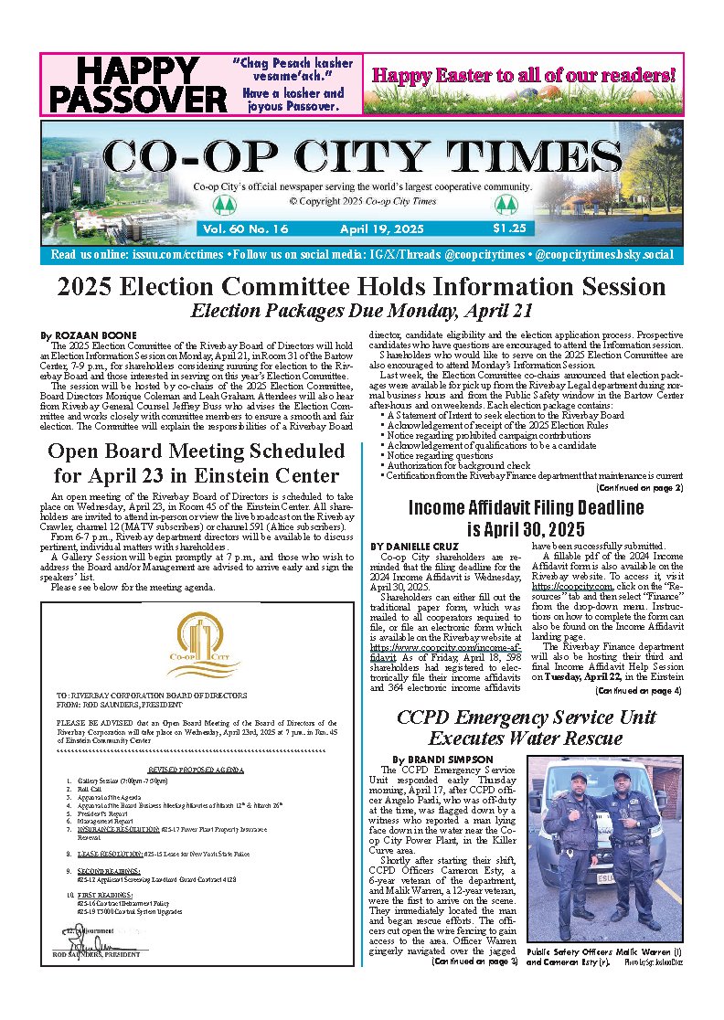 The latest edition of the Co-op City Times is out now! Check it out for information about:

• CCPD's Recent Water Rescue 
• The April Open Board Meeting 
• 2024 Income Affidavit Form  

and more Co-op City news!    
📰Read Here: issuu.com/cctimes/docs/c…