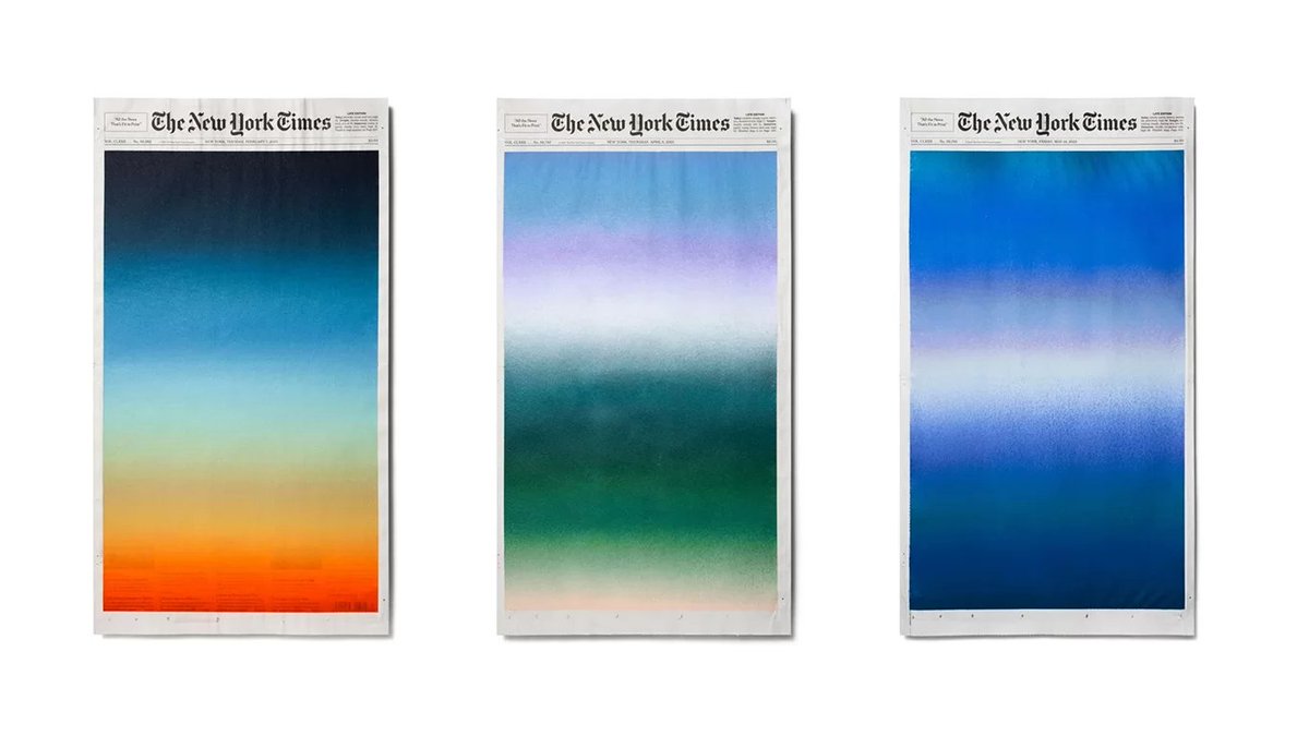 apostraphi's tweet photo. in 2020, sho shibuya started painting sunrises over the front page of the new york times. stuck in his brooklyn apartment, the news felt heavy, so he looked to the sky. it became a daily ritual: cover the chaos with calm gradients. erase the headlines with a little bit of nature.