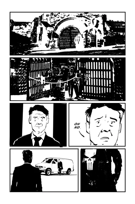 Doing something different with my lunch doodles. I used a creative writing generator for a prompt 
Prompt:"when he walked out prison someone was waiting for him" 
Then knocked out a rough page. 
More of a writing/pacing exercise then drawing and an excuse to draw #punisher 