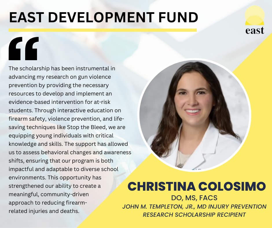EAST (@east_trauma) on Twitter photo Traumatic injury is a public health challenge, but thanks to your generosity, we can support trauma leaders like Dr. <a href="/DesertTraumaMom/">Christina Colosimo</a> who are working to prevent injury and save lives. Donate to the EAST Development Fund & help support the future of trauma care. Traumatic injury is a public health challenge, but thanks to your generosity, we can support trauma leaders like Dr. <a href="/DesertTraumaMom/">Christina Colosimo</a> who are working to prevent injury and save lives. Donate to the EAST Development Fund & help support the future of trauma care.