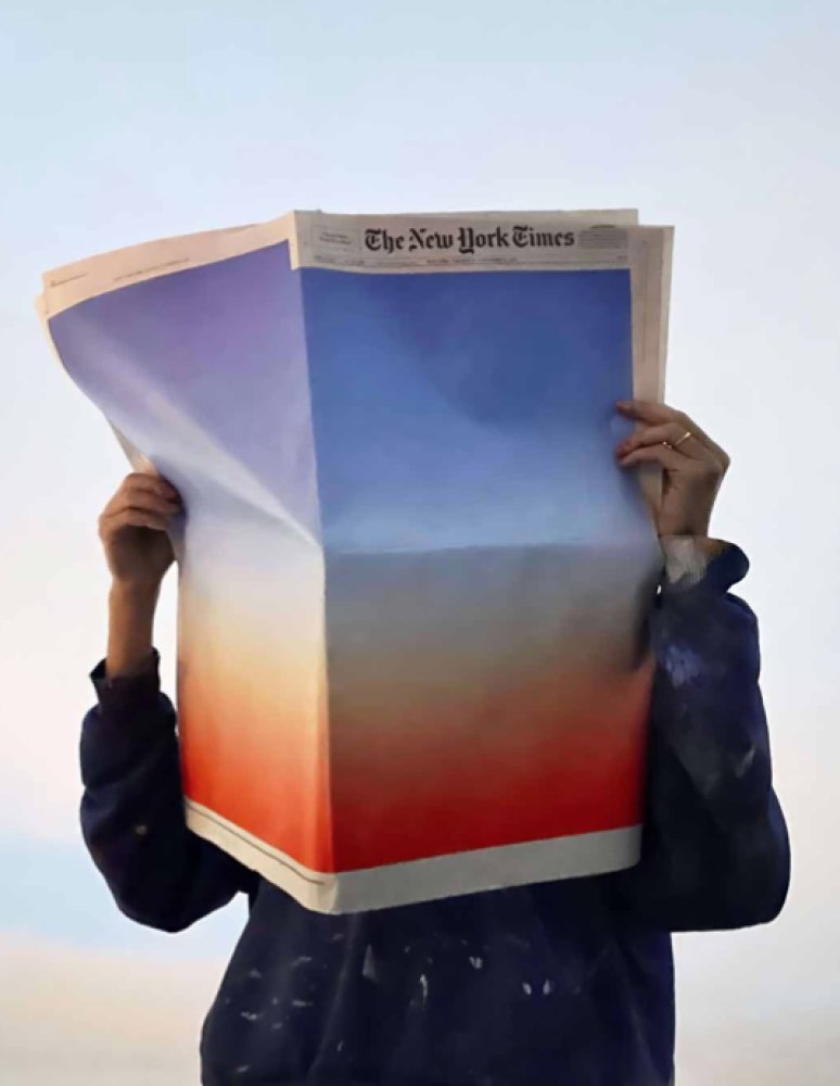 in 2020, sho shibuya started painting sunrises over the front page of the new york times. stuck in his brooklyn apartment, the news felt heavy, so he looked to the sky. it became a daily ritual: cover the chaos with calm gradients. erase the headlines with a little bit of nature.