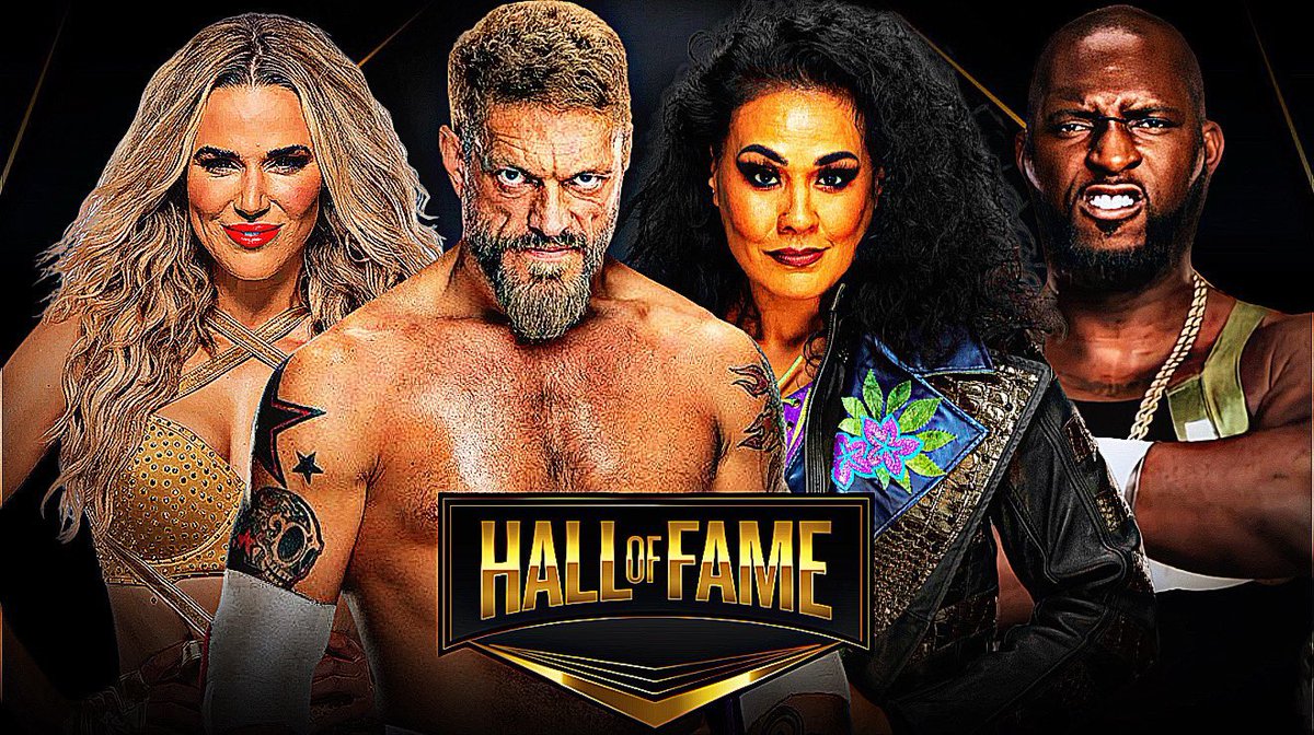 MidnightWrestle's tweet photo. Here is who the Hall of Famers will be inducted by!!

Edge @Treeman157 will be inducted by Carmelo Hayes

Tamina @WWE_SnukaStan will be inducted by Liv Morgan

Lana @paxleysagenda will be inducted by Sonya Deville 

Omos @Damian_D_3rd will be inducted by Randy Orton @EVampss https://t.co/dQYqQI20Ac