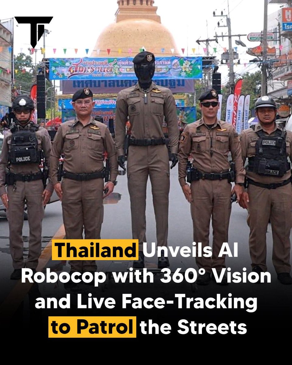 CyberpunkTTRPG's tweet image. Thailand Unveils A.I. Robocop With 360 Degree Vision And Live Face Tracking #RobotPolice #LawEnforcement #ArtificialIntelligence #FacialRecognotion #SmartRobot #Drones #Cyberpunk #TTRPG #RPG