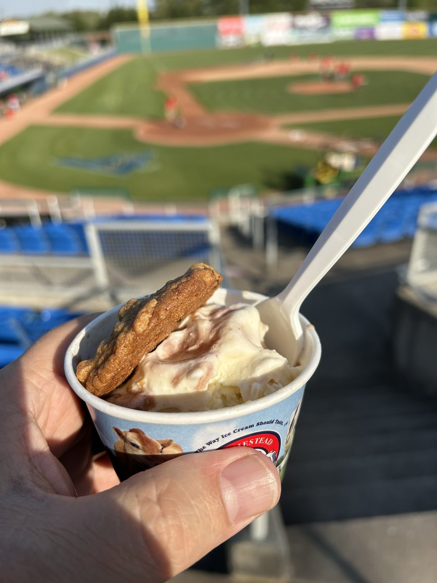 LightninTramp's tweet photo. Homestead Creamery ice cream, a home cooked cookie from my favorite usher and a beautiful night for @salemredsox baseball! Can’t ask for anything more…except a win on fireworks night! #Sec205 #HometownBaseball #LetsGoSalemSox https://t.co/PPnJHDdp9d