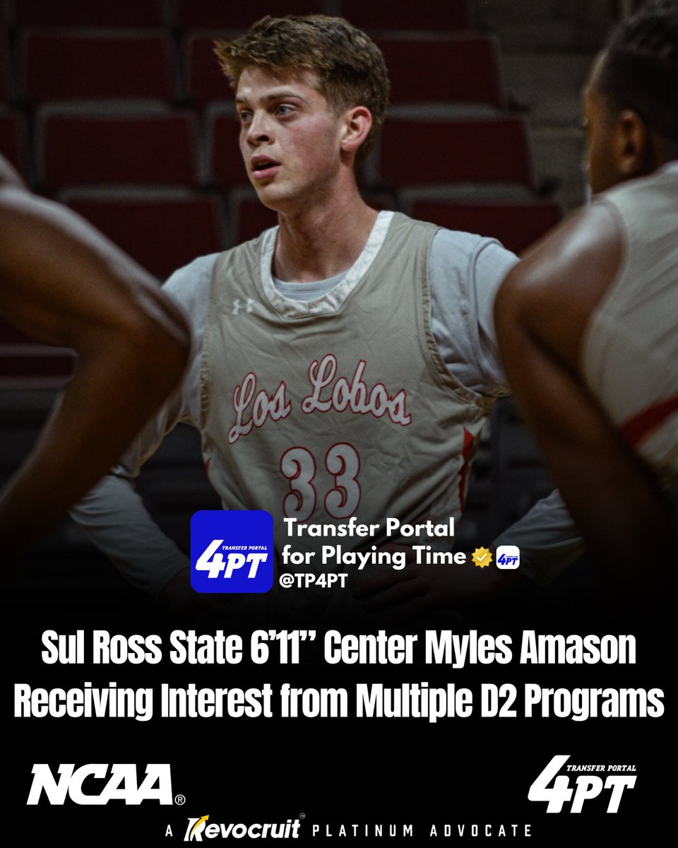TP4PT's tweet photo. TP Latest: Sul Ross transfer Myles Amason has garnered interest from several D2 programs, he tells @Revocruit. 

The 6’11” Center averaged 5.7 points, 3.3 boards, and 49% shooting from the field this past season for the Lobos. 

Coach Exclusive Revocruit Player DNA:
🔗 https://t.co/8y5dYr5p6V

#TP4PT #TransferPortal