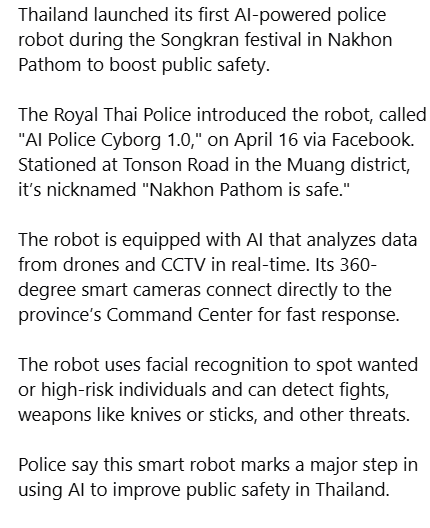 CyberpunkTTRPG's tweet image. Thailand Unveils A.I. Robocop With 360 Degree Vision And Live Face Tracking #RobotPolice #LawEnforcement #ArtificialIntelligence #FacialRecognotion #SmartRobot #Drones #Cyberpunk #TTRPG #RPG
