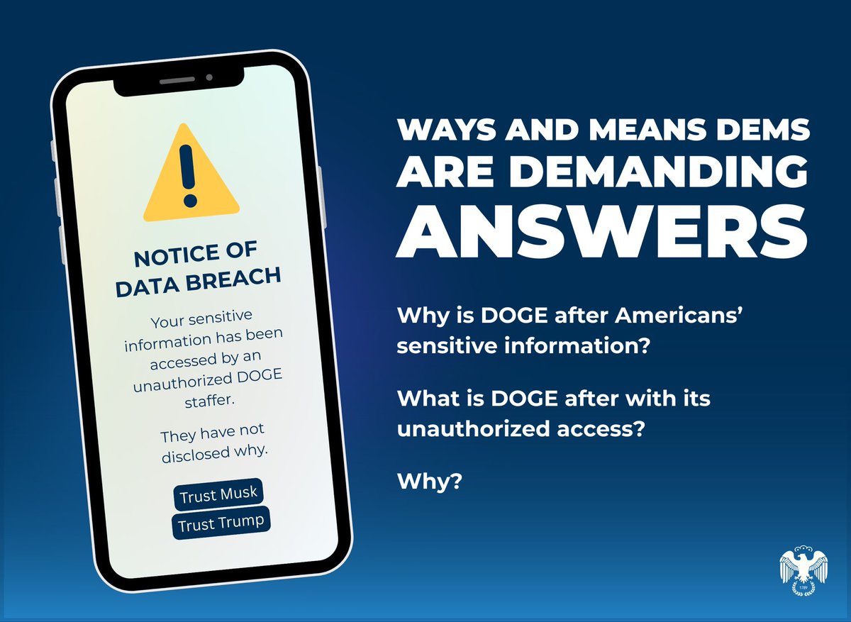 WaysMeansCmte's tweet image. Ways and Means Democrats will explore every possible path to challenge the severe overreaches by the DOGE team.
We’re not backing down—our inquiries will continue until the American people hear the truth.
Catch up on our latest inquiries: democrats-waysandmeans.house.gov/media-center/p…
