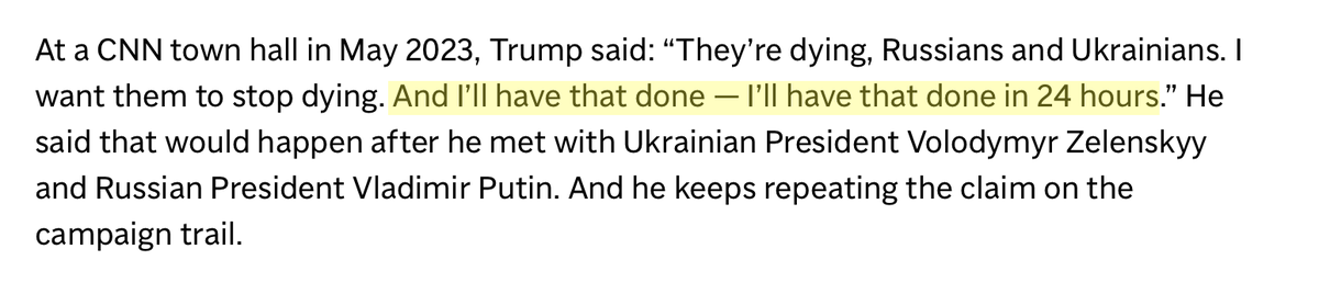 scarylawyerguy's tweet image. I know the media doesn't bother doing basic fact checking, but he's gone from promising to get a peace deal "in 24 hours" after being inaugurated to abandoning Ukraine on the battlefield (which some of us saw coming a mile away but the media was like, y'all are crazy) 🙃