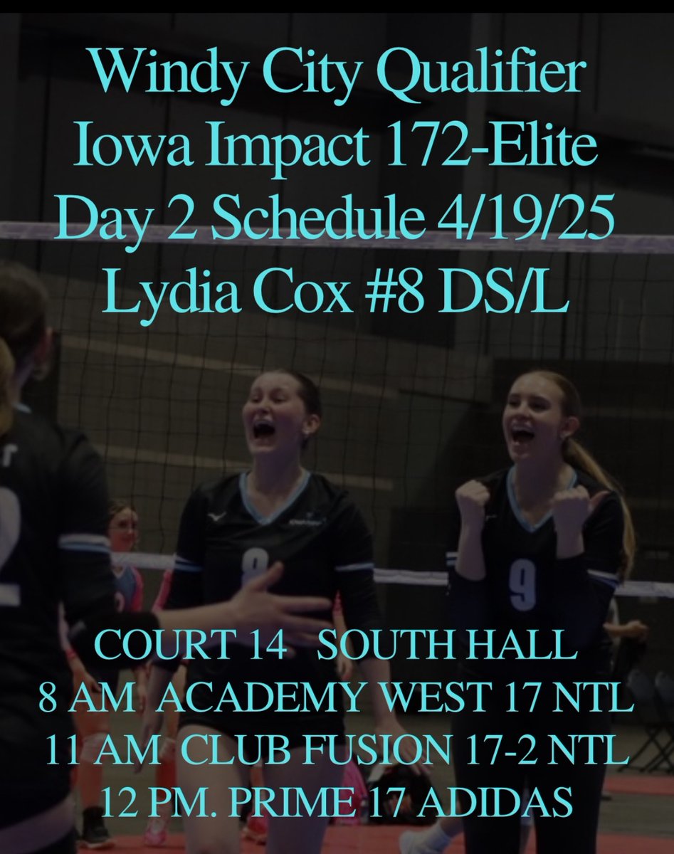Lydia Cox (@lydiacox08) on Twitter photo 2026 Lydia Cox DS/L #8
Day 1 at the Windy City Qualifier in the books at <a href="/iowaimpactvbc/">Iowa Impact Volleyball Club</a> went 2-1 in the American division. Looking forward to some fun volleyball on Court 14 South Hall on day 2! #clubvolleyball 2026 Lydia Cox DS/L #8
Day 1 at the Windy City Qualifier in the books at <a href="/iowaimpactvbc/">Iowa Impact Volleyball Club</a> went 2-1 in the American division. Looking forward to some fun volleyball on Court 14 South Hall on day 2! #clubvolleyball