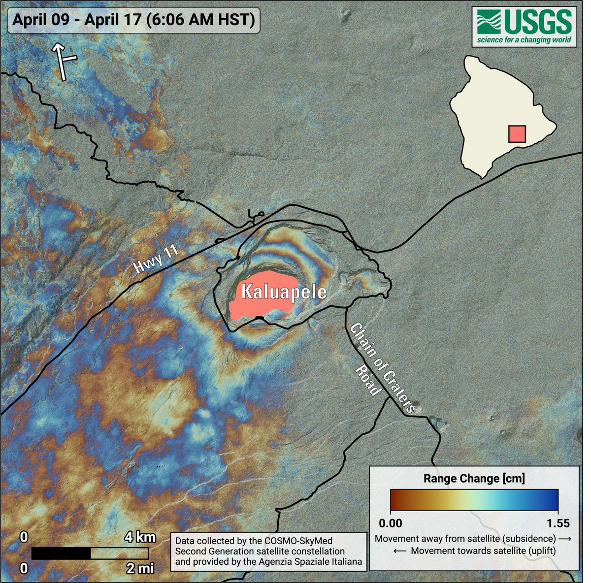 USGSVolcanoes's tweet image. New #radar #interferogram from @ASI_spazio COSMO-SkyMed data showinga few centimeters of inflation at Kīlauea  summit during April 9–17, 2025 (between episodes 17 and 18) due to magma accumulation about 1 mile beneath the surface.

Details at ow.ly/SZWn50VEesH