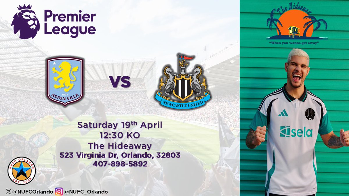 NUFCOrlando's tweet image. Final of three big games this week, and what a fixture!
Join the @NUFC fans based in Orlando. New & visiting fans welcomed!
🗓️ April 19
🕙 12:30pm
📍 Hideaway Bar
🆚 Aston Villa
#hwtl #toonarmy #ASTNEW #VILNEW #PLinUSA #MyPLMorning #eddiehowe