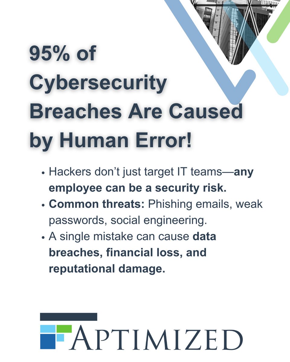 aptimized's tweet image. 🔐 At Aptimized, we know cybersecurity is a company-wide priority.
This guide highlights why non-IT teams need cybersecurity training to help strengthen overall security awareness and reduce risk.

#CybersecurityTraining #NonITSecurity #EmployeeSecurityAwareness #Aptimized