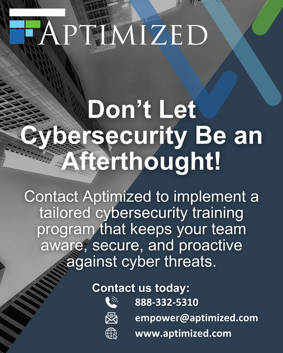 aptimized's tweet image. 🔐 At Aptimized, we know cybersecurity is a company-wide priority.
This guide highlights why non-IT teams need cybersecurity training to help strengthen overall security awareness and reduce risk.

#CybersecurityTraining #NonITSecurity #EmployeeSecurityAwareness #Aptimized