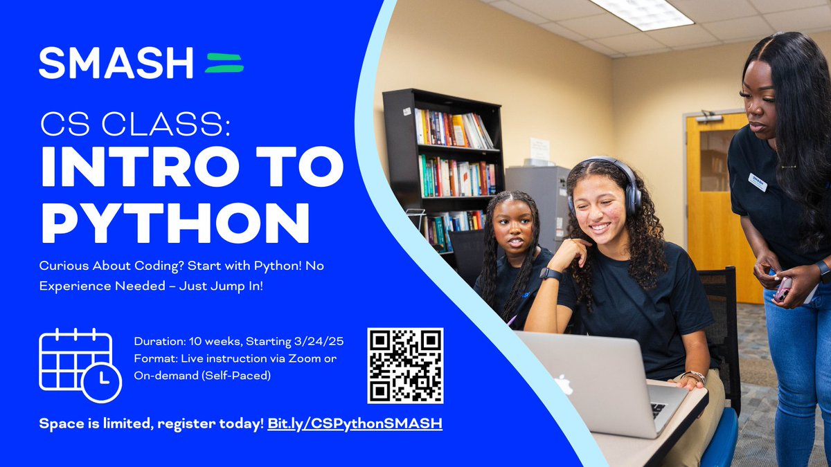 SMASHprogram's tweet image. SMASH Virtual’s Intro to Python course is FREE for all—whether you’re learning online or in-person. Start at your own pace and unlock new opportunities in tech.
Sign up now 👉 bit.ly/CSPythonSMASH
#Python #LearnToCode #FreeCoding #TechForAll #STEMAccess