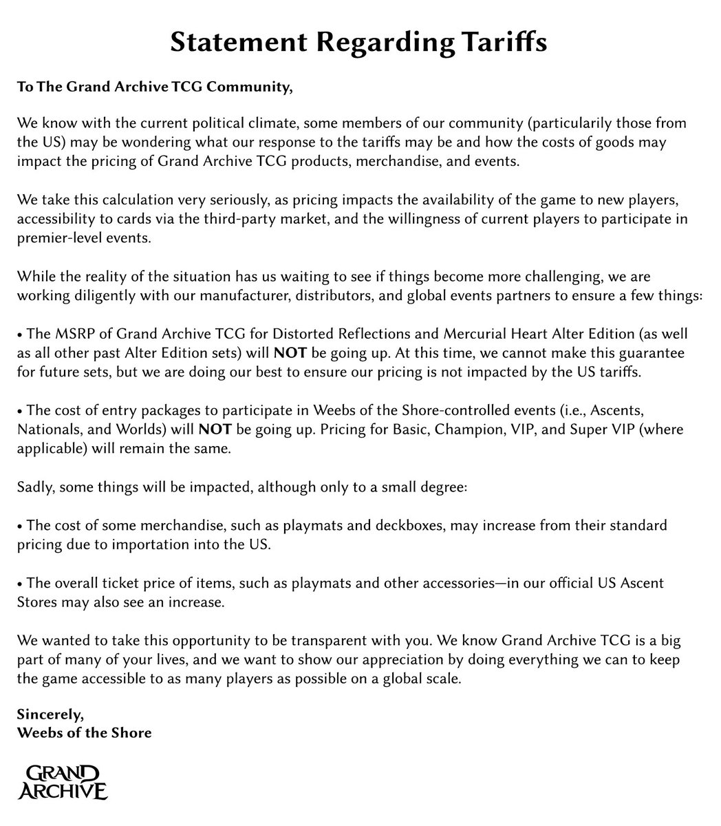 Official statement regarding Tariffs.