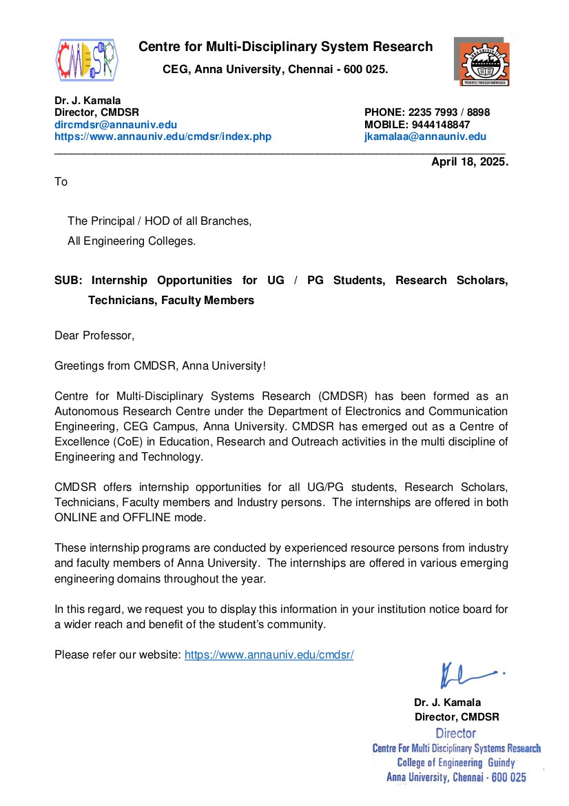 linuxbaskar's tweet photo. Internship Opportunities in Centre for Multi-Disciplinary Systems Research (CMDSR), Anna Univesity, Chennai https://t.co/CeDEiXDVnx