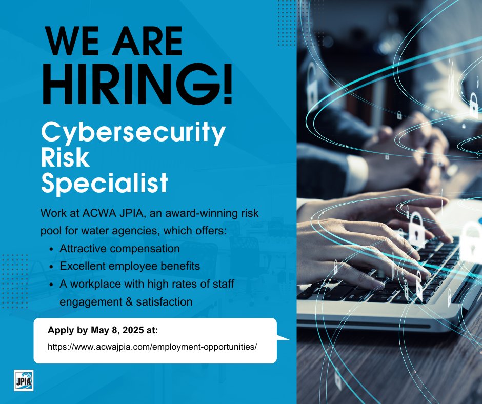 ACWAJPIA's tweet photo. @ACWAJPIA  is recruiting a Cybersecurity Risk Specialist! The candidate will provide risk management analysis related to cyber risk and serve as a cybersecurity technical resource for our members.

Apply by May 8 at: https://t.co/RV70ZiXJTc

#hiring #cybersecurity #cyberrisk https://t.co/BQZsbb68LO