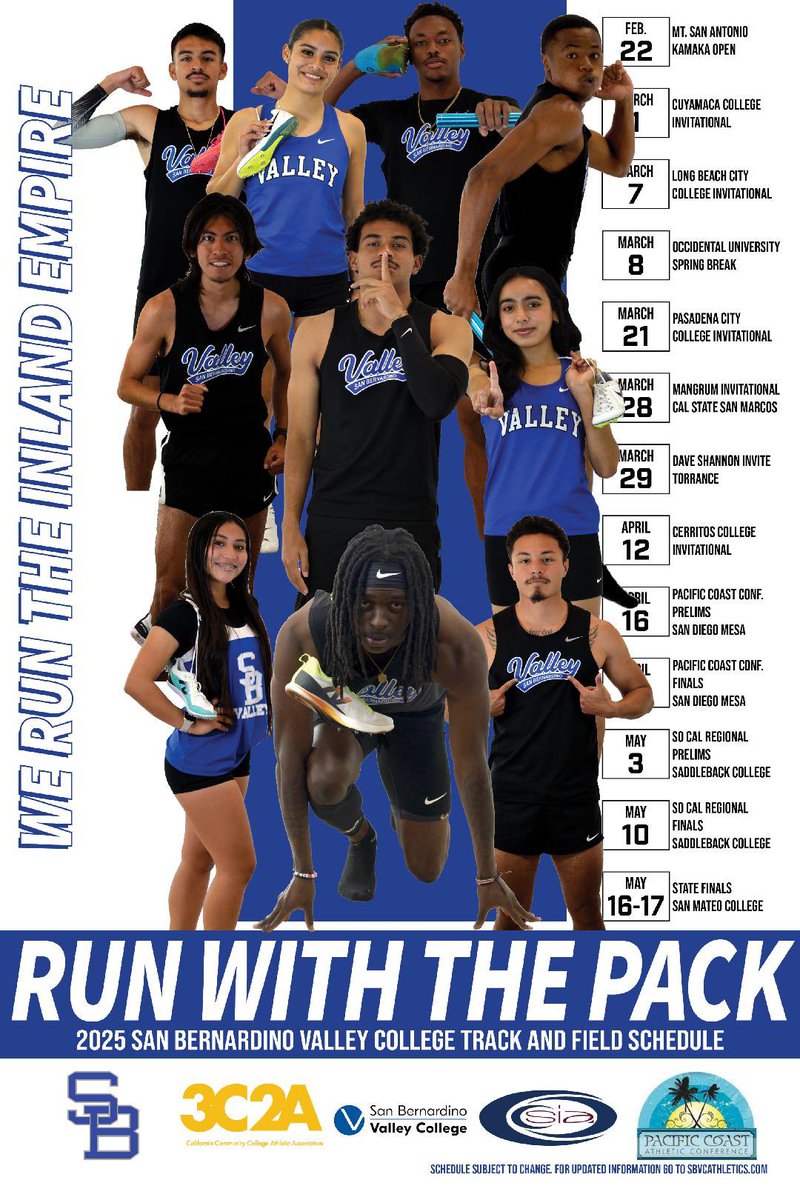 We <a href="/SbvcTrack/">SBVC TRACK & FIELD</a> and <a href="/SBVC_Athletics/">SBVC Athletics</a> is competing at PCAC T&amp;F Championships tomorrow at San Diego Mesa College. All running events start at 1 PM. Come out and support the Wolverines men and women track teams. 
<a href="/sbvalleycollege/">San Bernardino Valley College</a>
#3C2A
#PCAC
#NCAA
#SpeedToPower