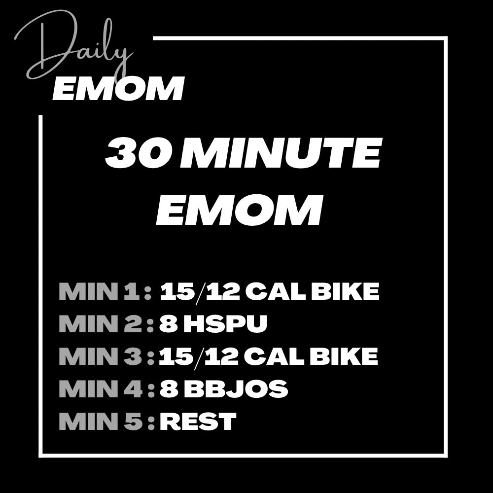 emomdaily's tweet photo. 🌶️Every Minute On the Minute For 30 Minutes 🌶️

Rotate between..

Minute 1 - 15/12 Calorie Echo Bike

Minute 2 - 8 HSPUs 

Minute 3 - 15/12 Calorie Echo Bike

Minute 4 - 8 Burpee Box Jump Overs 📦 @ 24”/20”

Minute 5 - Rest 😅

#crossfit #wod #crossfitathome #wodoftheday https://t.co/6yQZ1mP2G3