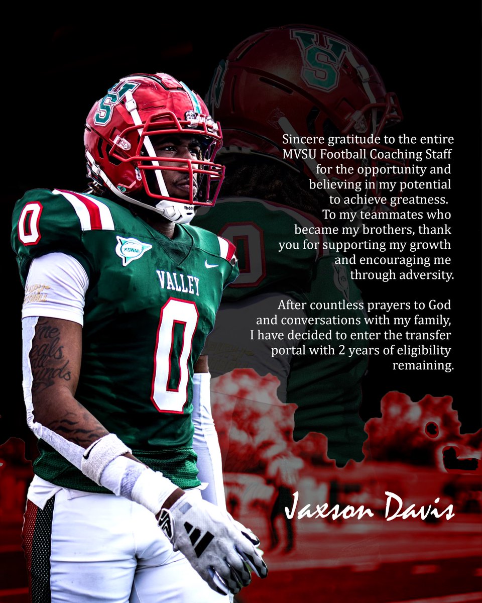 coachlisaj's tweet photo. Jaxson Davis (TE) from Mississippi Valley State has entered the transfer portal with 2-years of eligibility remaining https://t.co/DS3INVl6Ky
