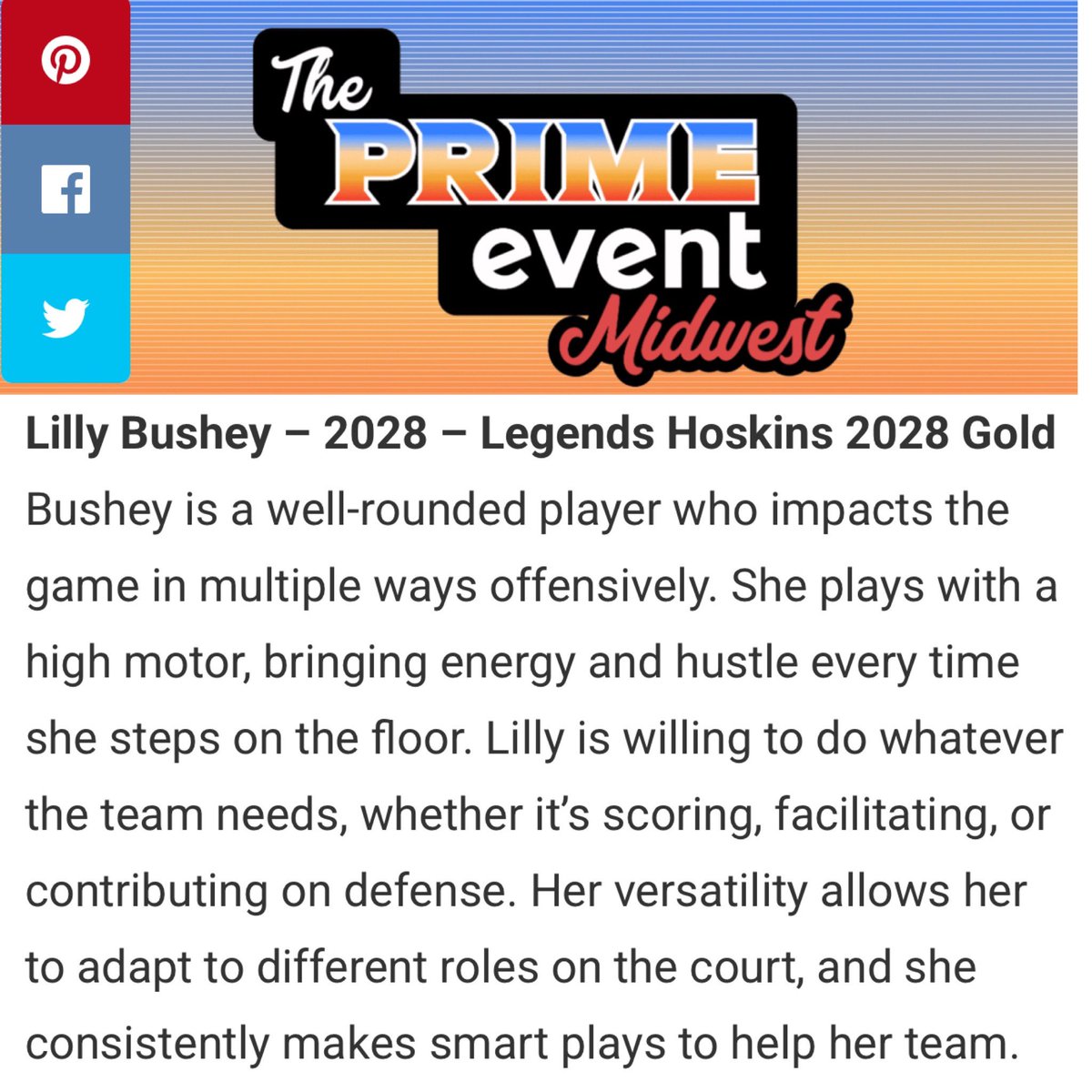 Lilly Bushey (@lillybushey24) on Twitter photo Honored to be a stand out player from the <a href="/PRIMEeventBBall/">ThePRIMEeventSeries</a> with <a href="/team_hoskins/">Team Hoskins</a>!
Can’t wait for The Clash next weekend!
<a href="/ProspectShowcse/">Prospect_ShowcaseWBB</a> <a href="/JDabbs86/">Jim Dabbelt</a>
<a href="/Clutch_HoopHers/">Clutch HoopHers Media</a> <a href="/PrepGirlsHoops/">Prep Girls Hoops 🏀</a> <a href="/coachbeechum/">Derrick Beechum</a> Honored to be a stand out player from the <a href="/PRIMEeventBBall/">ThePRIMEeventSeries</a> with <a href="/team_hoskins/">Team Hoskins</a>!
Can’t wait for The Clash next weekend!
<a href="/ProspectShowcse/">Prospect_ShowcaseWBB</a> <a href="/JDabbs86/">Jim Dabbelt</a>
<a href="/Clutch_HoopHers/">Clutch HoopHers Media</a> <a href="/PrepGirlsHoops/">Prep Girls Hoops 🏀</a> <a href="/coachbeechum/">Derrick Beechum</a>