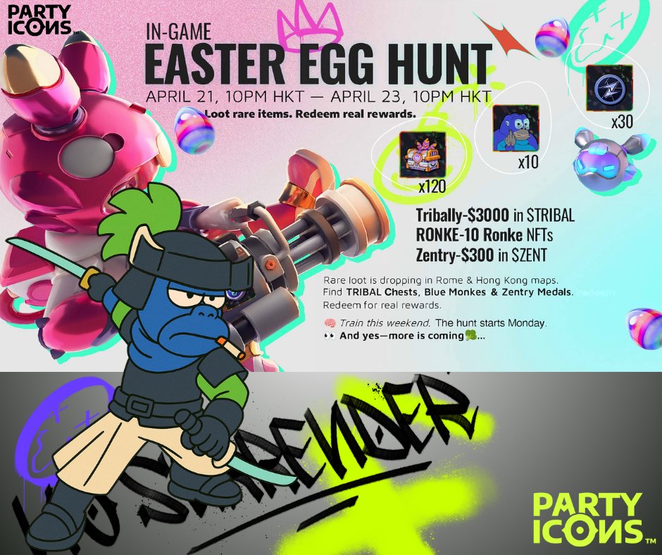 Frenzyxz.Sign (@frenzysgn) on Twitter photo EASTER EGG HUNT TIME!
<a href="/PartyIconsOGX/">PARTY ICONS</a> never fail to show their A-Game with this new exciting event!
Where to look: Loot boxes in Rome and Hong Kong Map are loaded with:
• 🥚120 Tribal Chests (worth $3000 total)
• 🎖 30 Zentry Medals ($300 value)
• 🐵10 RONKE Blue EASTER EGG HUNT TIME!
<a href="/PartyIconsOGX/">PARTY ICONS</a> never fail to show their A-Game with this new exciting event!
Where to look: Loot boxes in Rome and Hong Kong Map are loaded with:
• 🥚120 Tribal Chests (worth $3000 total)
• 🎖 30 Zentry Medals ($300 value)
• 🐵10 RONKE Blue