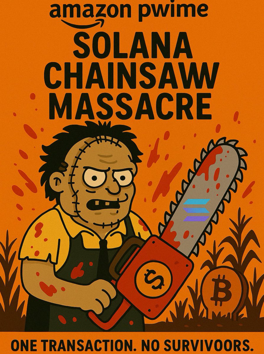 AmazonPwime's tweet photo. Coming soon on Solana.

Solana chainsaw massacre, featuring @toly who deleted his tweet and massacred the trenches.

Only on Amazon Pwime. https://t.co/Lg7BCQa4lV