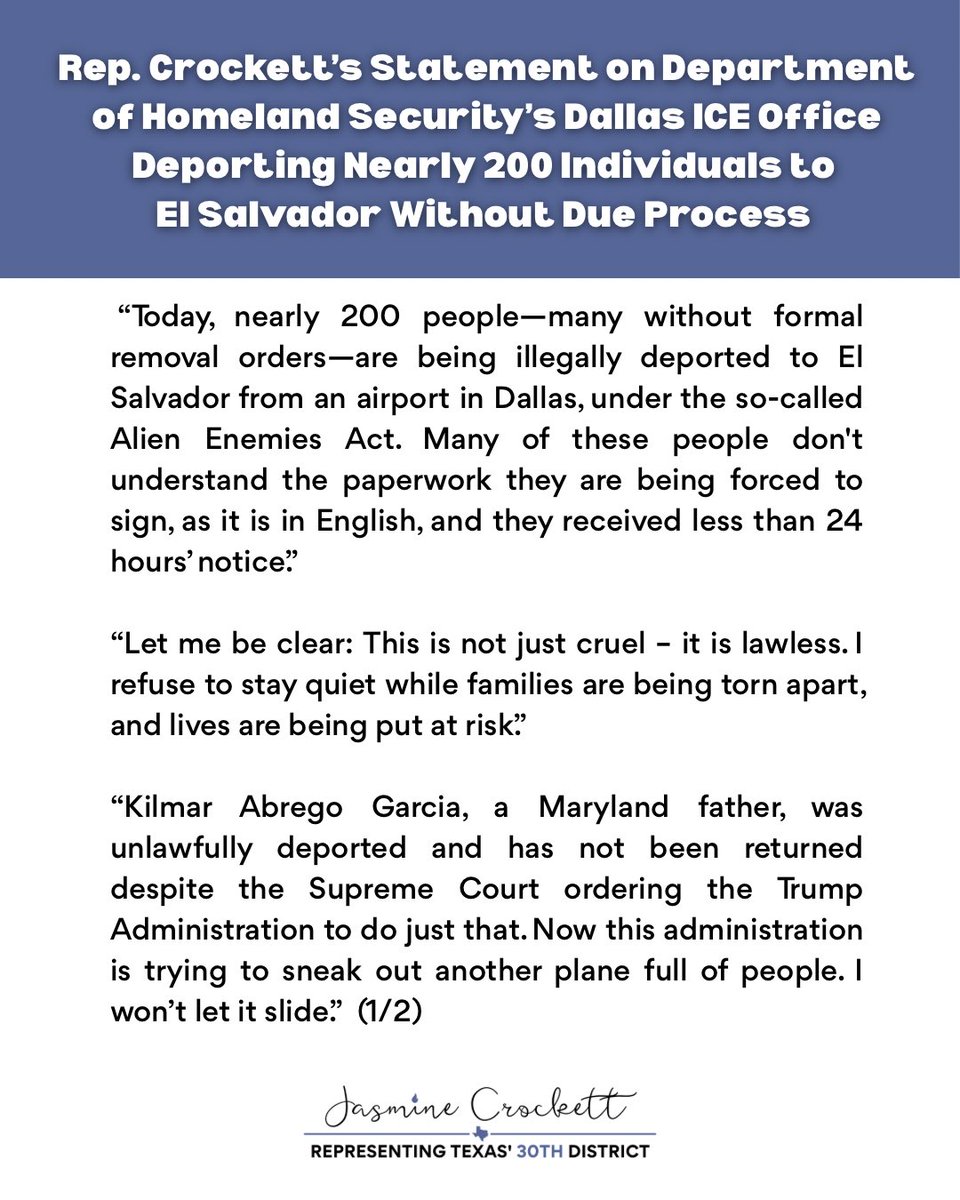 RepJasmine's tweet image. The Dallas ICE office is involved in a mass removal effort targeting nearly 200 people — many without removal orders — scheduled to be deported to El Salvador today.
This is not just cruel – it is lawless. I refuse to stay quiet while families are being torn apart, and lives…