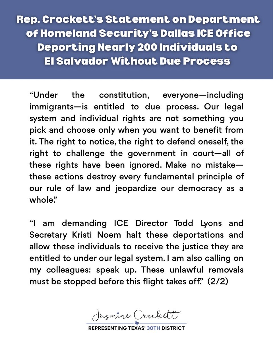 RepJasmine's tweet image. The Dallas ICE office is involved in a mass removal effort targeting nearly 200 people — many without removal orders — scheduled to be deported to El Salvador today.
This is not just cruel – it is lawless. I refuse to stay quiet while families are being torn apart, and lives…