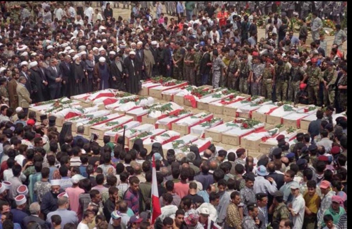 resist_truth's tweet photo. 🇱🇧The Qana Massacre:

On April 18, 1996, during the April "Grapes of Wrath" war. The Israel military bombed a United Nations compound housing Lebanese civilians and UN peacekeepers in the town of Qana, South Lebanon.

The total number of Lebanese civilians martyred was around 107, mainly children and many more injured.

Qana is mentioned in the Bible as ('Qana of the Galilee'). It's the location of the Wedding at Cana, at which the miracle of turning water into wine took place in the Gospel of John.