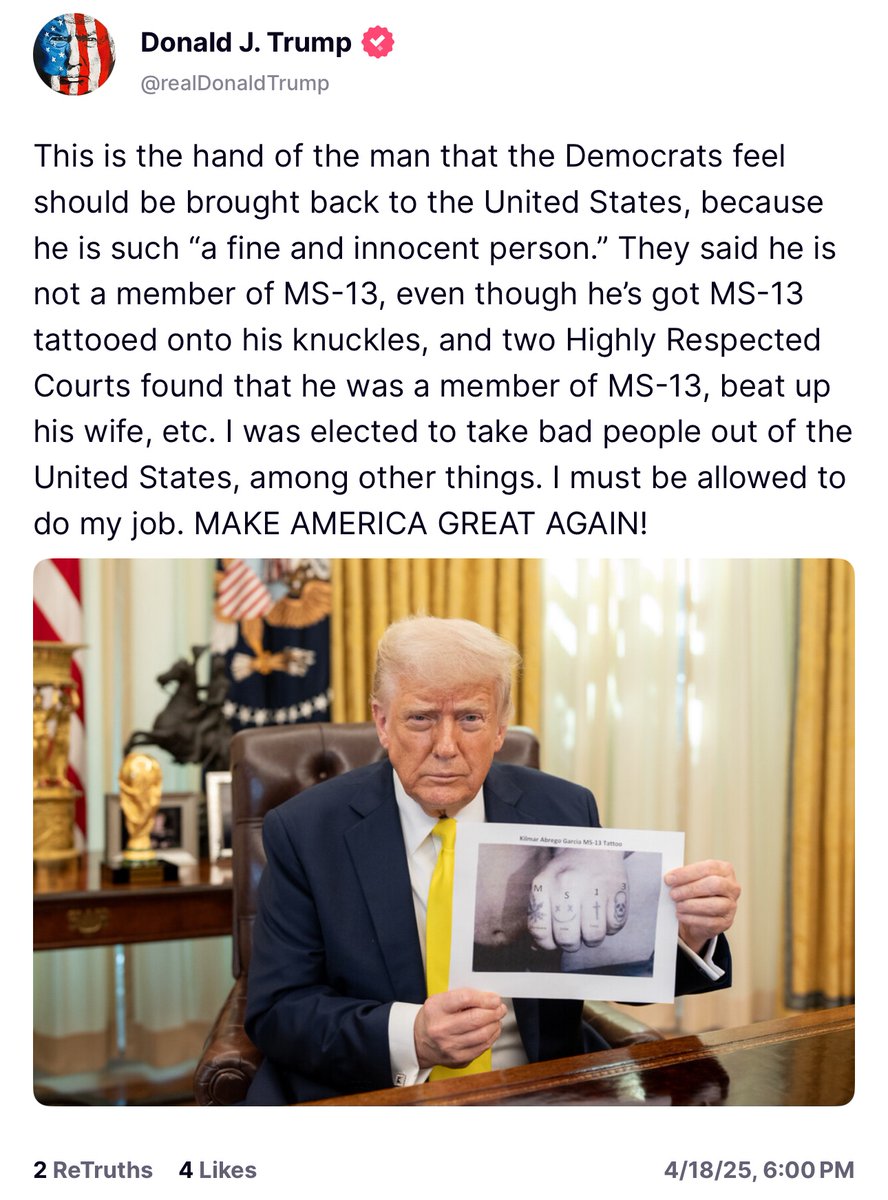 KanekoaTheGreat's tweet photo. 🚨BREAKING: President @realDonaldTrump releases a photograph of Kilmar Abrego Garcia's MS-13 knuckle tattoo.

"This is the hand of the man that the Democrats feel should be brought back to the United States, because he is such “a fine and innocent person.” They said he is not a member of MS-13, even though he’s got MS-13 tattooed onto his knuckles, and two Highly Respected Courts found that he was a member of MS-13, beat up his wife, etc. I was elected to take bad people out of the United States, among other things. I must be allowed to do my job. MAKE AMERICA GREAT AGAIN!"