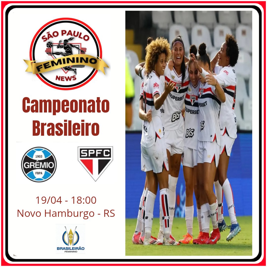 saopaulofemnews's tweet photo. 🏆 Campeonato Brasileiro - 6a rodada 🏆

Amanhã tem soberanas em campo, pela 6a rodada do Campeonato Brasileiro.

🆚 Grêmio 
🗓️ 19/04
⏰ 18h
🏟️ Estádio do Vale 
📍 Novo Hamburgo - Rs
📺 Sportv 

Vamos São Paulo!
São Paulo Feminino News sempre apoiando e torcendo por vocês meninas https://t.co/SbTZzMUL2p