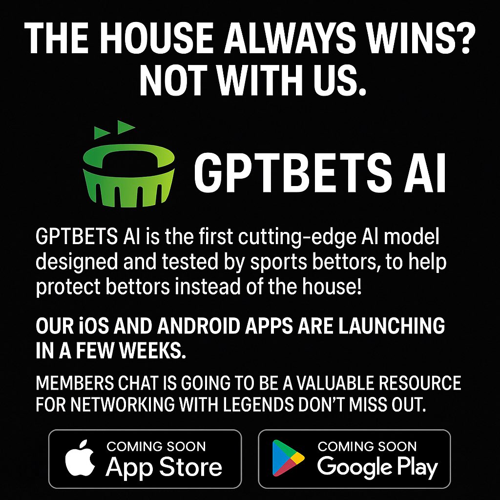 The house always wins? Not with us. GPTBETS AI is the first cutting-edge AI built by sports bettors to protect you, not the house. iOS &amp; Android apps drop in weeks. Members-only chat will be a goldmine for networking with legends. Don’t miss out. #GPTBETS #AI #SMARTbetting